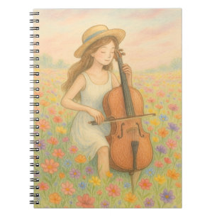 Frühlingsmelodie – Mädchen mit Cello auf einem Blu Notizblock