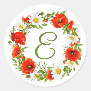 Frühlingsmohn Gänseblümchen Monogramm Kranz Runder Aufkleber