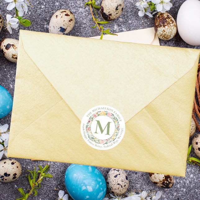 Frühlingsmonogramm Runder Aufkleber (Spring Monogram Watercolor Floral Classic Round Sticker)