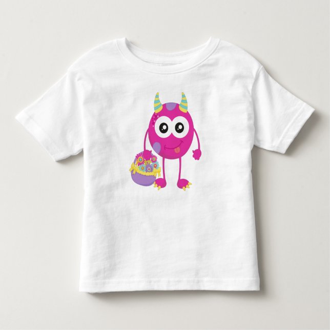 Frühlingsmonster, rosa Monster, Hörner, Blume Kleinkind T-shirt (Vorderseite)