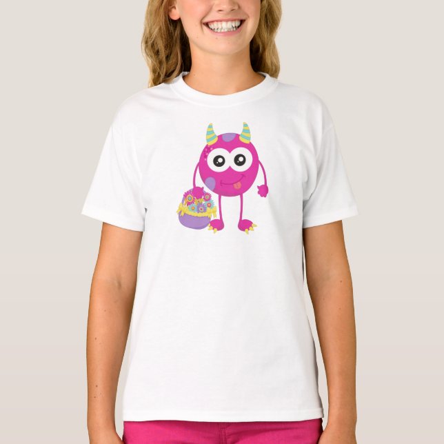 Frühlingsmonster, rosa Monster, Hörner, Blume T-Shirt (Vorderseite)