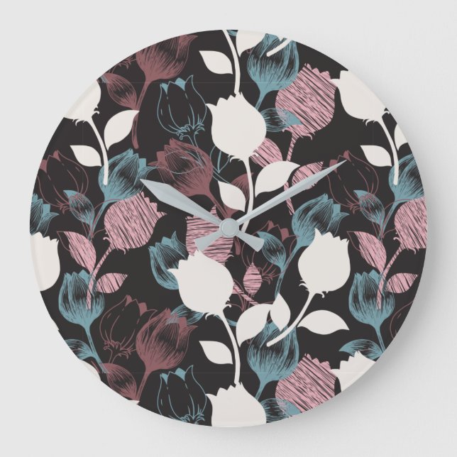 Frühlingsmuster Vintage Tulpe Große Wanduhr (Vorderseite)