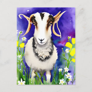 Frühlingsoster Jacob Sheep Floral Aquarell Postkarte