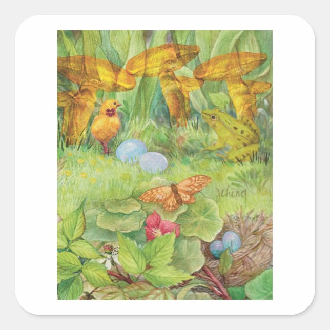 Frühlingspark mit Kick und Froggie Quadratischer Aufkleber (Vorderseite)