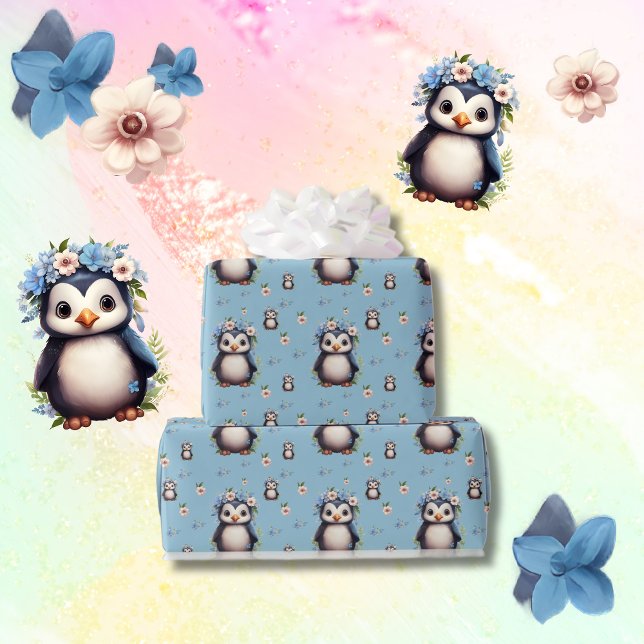 Frühlingspinguine mit blauen Blume Geschenkpapier (Watercolor penguins pattern, spring pastel colors, bilingual text custom. multilingual project.)