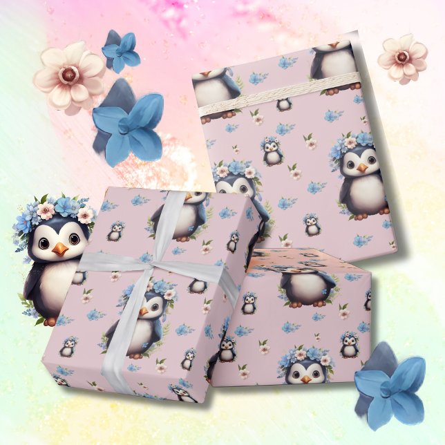 Frühlingspinguine mit Blume in Rosa Geschenkpapier (Penguin pattern wrapping paper, personalized name & text. Multilingual Project)