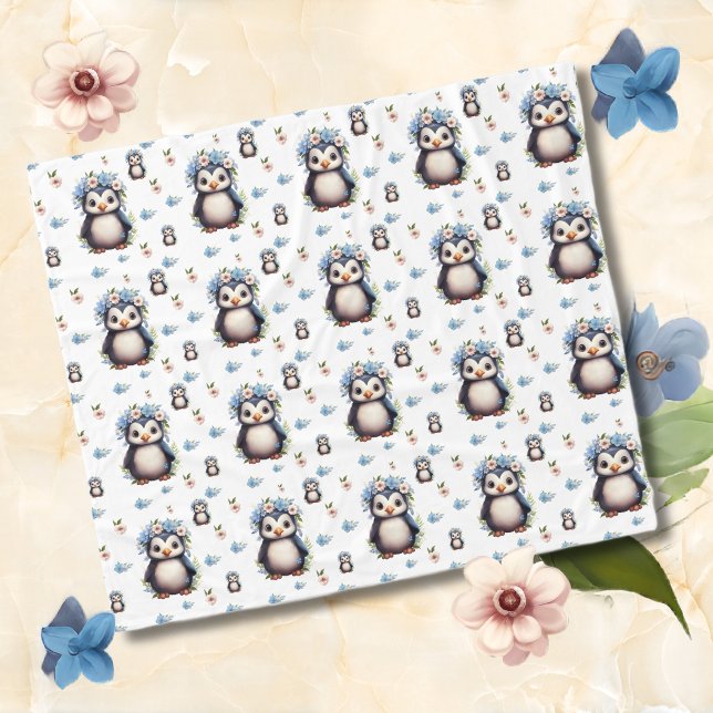 Frühlingspinguine mit Blume in Weiß Fleecedecke (Penguins pattern blanket, personalized bilingual text, multilingual project)