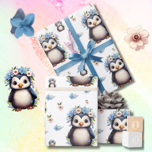 Frühlingspinguine mit Blume in Weiß Geschenkpapier
