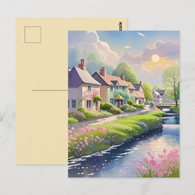 Frühlingspink blüht Landschaftliche Riverside Natu Postkarte (Vorne/Hinten)