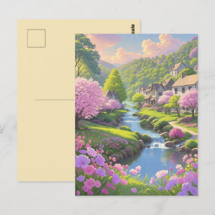 Frühlingspink blüht Landschaftliche Riverside Natu Postkarte