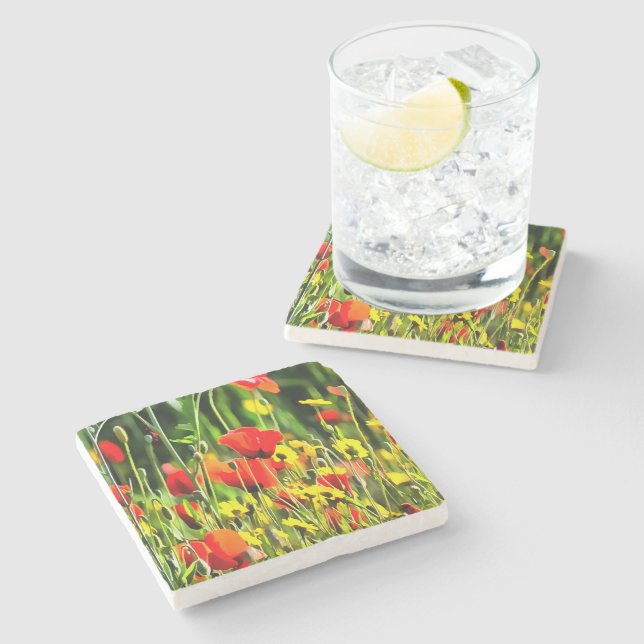 Frühlingspopie und Blume auf der Wiese Steinuntersetzer (Seitenansicht)