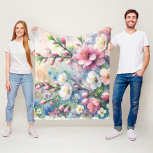 Frühlingsregen-Blüten-Aquarell-Cottagecore Fleecedecke