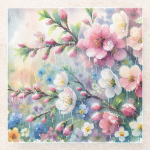 Frühlingsregen-Blüten-Aquarell-Cottagecore Glasuntersetzer
