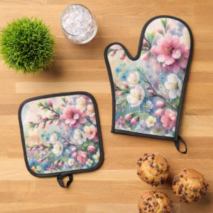 Frühlingsregen-Blüten-Aquarell-Cottagecore Ofenhandschuh & Topflappen-Set