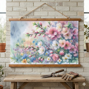 Frühlingsregen Blüten Aquarell Cottagecore Wandteppich Mit Holzrahmen