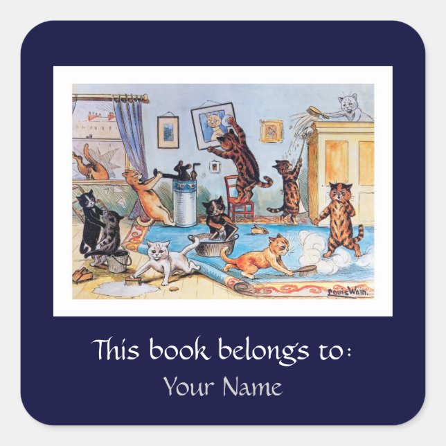 Frühlingsreinigung von Katzen durch Louis Wain Quadratischer Aufkleber (Vorderseite)