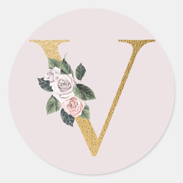 Frühlingsrosen goldene Initialen Aufkleber Buchsta (Vorderseite)