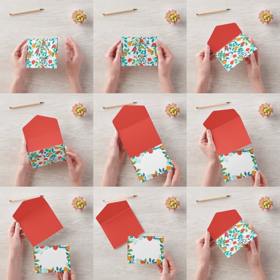 Frühlingsrot und grüne Farben Apfelfruchtmuster All In One Einladung