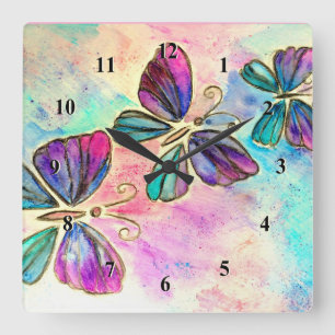 Frühlingsschmetterlinge Wall Clock Wasserfarben Ku Quadratische Wanduhr