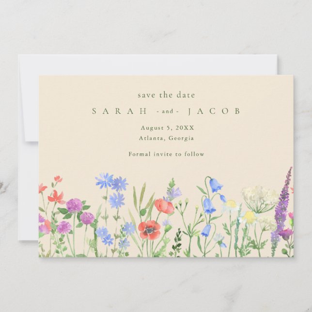 Frühlingssemme Wildblume Boho Wedding rettet das D Save The Date (Vorderseite)