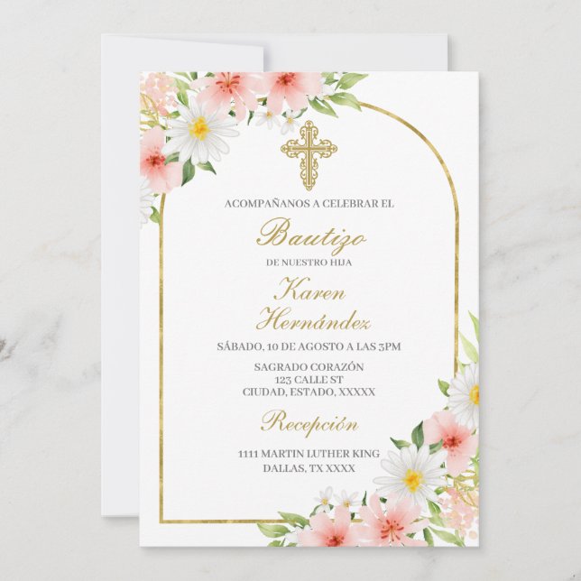 Frühlingssommer Blume Taufe Spanisch Einladung (Vorderseite)