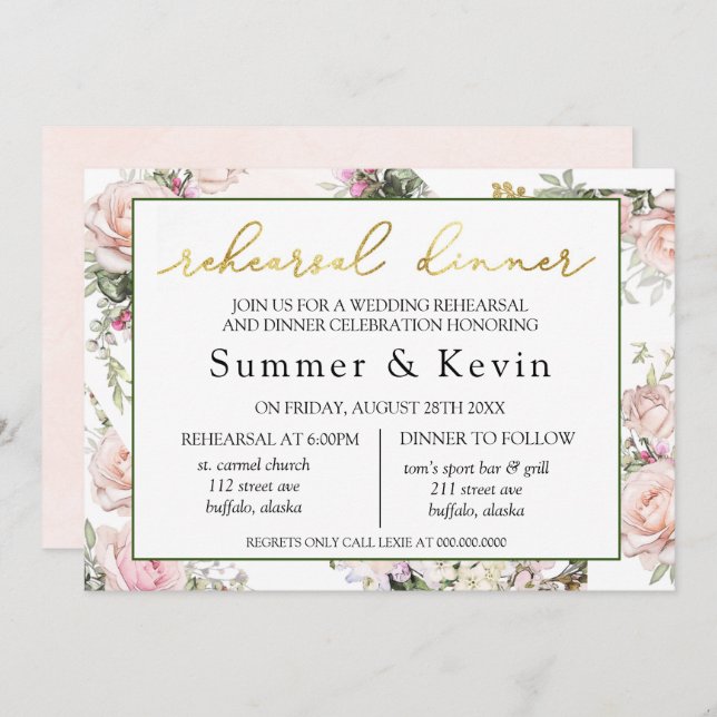Frühlingssommer Rosa Probe Abendessen Einladung (Vorne/Hinten)