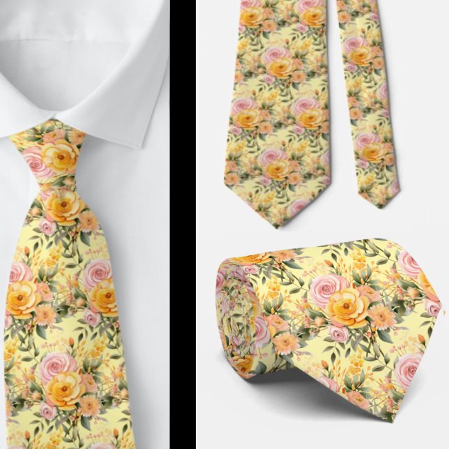Frühlingssommer Rosa und Gelbe Flora Neck Tie Krawatte (Von Creator hochgeladen)