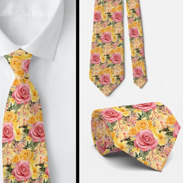 Frühlingssommer Rosa und Gelbe Flora Neck Tie Krawatte (Von Creator hochgeladen)