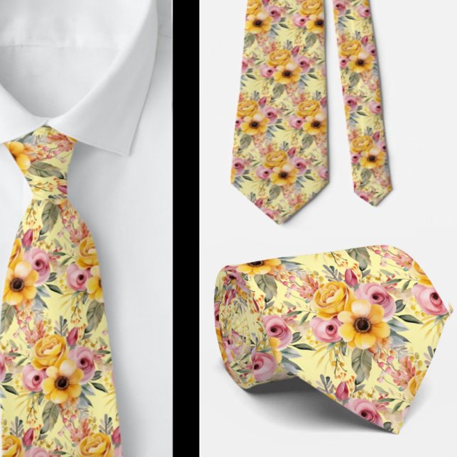 Frühlingssommer Rosa und Gelbe Flora Neck Tie Krawatte (Von Creator hochgeladen)