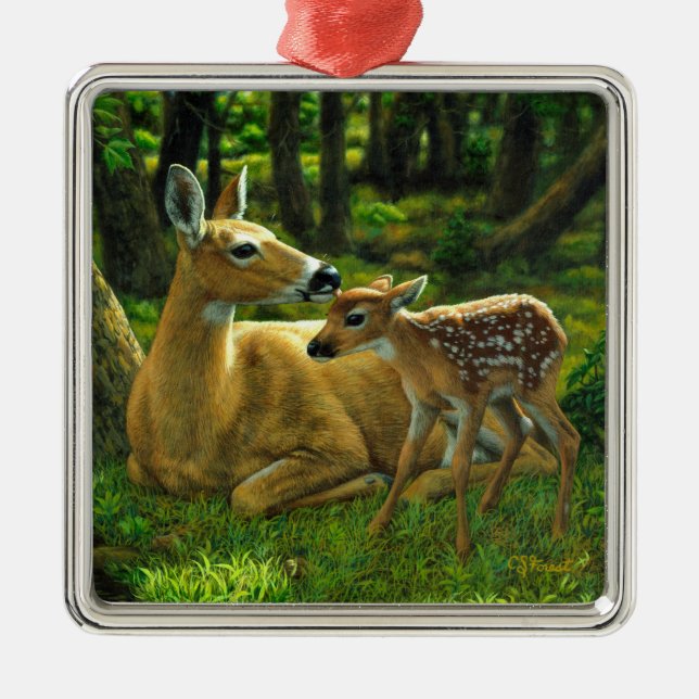 Frühlingssorge Fawn and Mother Deer Silbernes Ornament (Vorne)