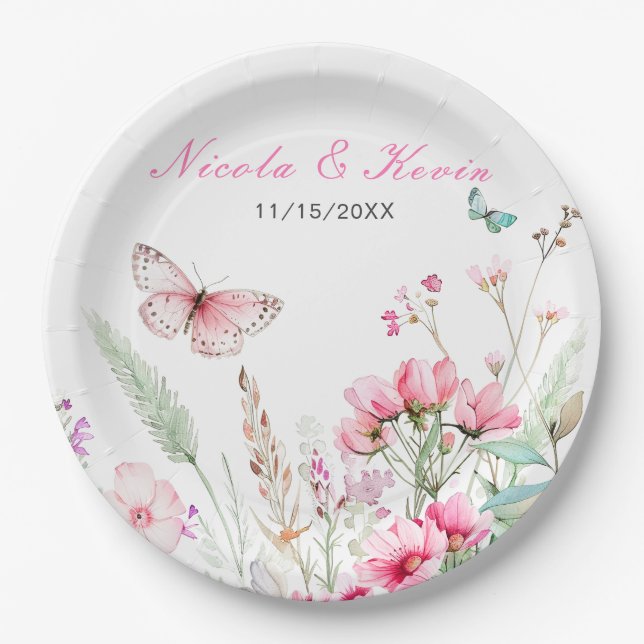 Frühlingsstich-Rosa-Schmetterling-Hochzeit Pappteller (Vorderseite)