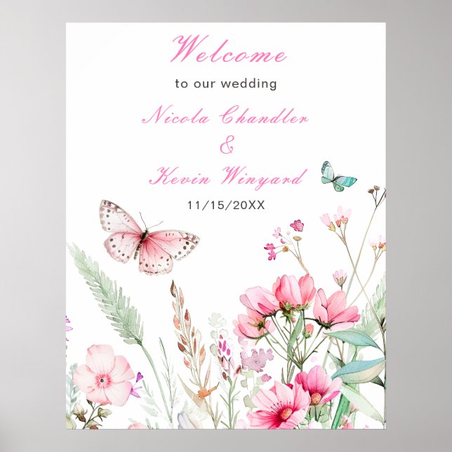Frühlingsstich-Rosa-Schmetterling-Hochzeit Poster (Vorne)