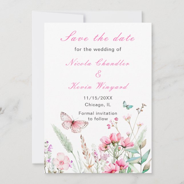 Frühlingsstich-Rosa-Schmetterling-Hochzeit Save The Date (Vorderseite)