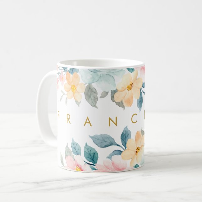Frühlingsteige florale Wasserfarbe Name hinzufügen Kaffeetasse (Vorderseite Links)