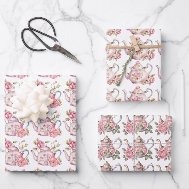Frühlingsteppi Party Rosa Teeköpfe und Rose Geschenkpapier Set (Vorderseite)