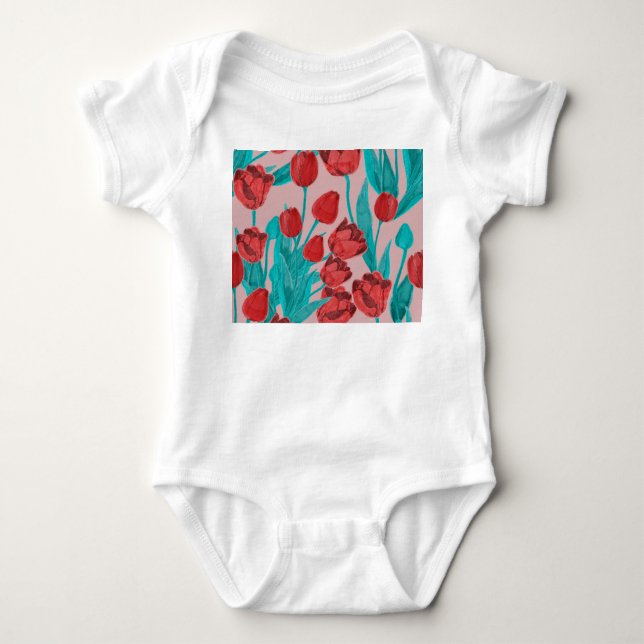 Frühlingstulips, handgezeichnet Blumenmuster Baby Strampler (Vorderseite)