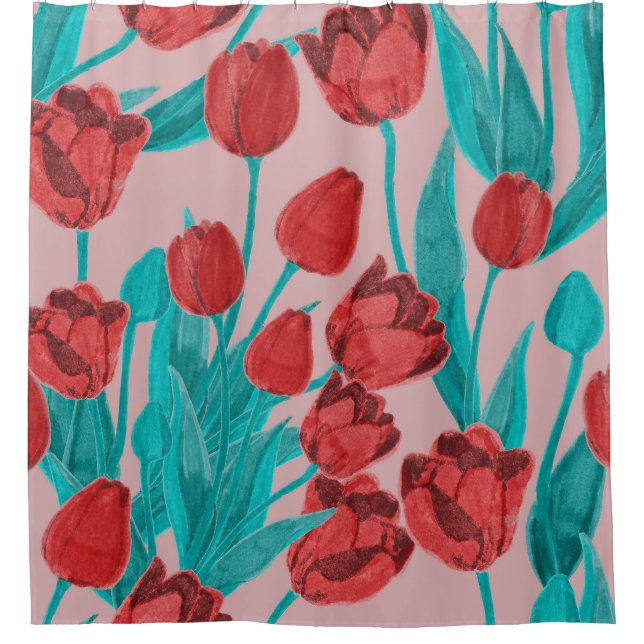 Frühlingstulips, handgezeichnet Blumenmuster Duschvorhang (Vorderseite)