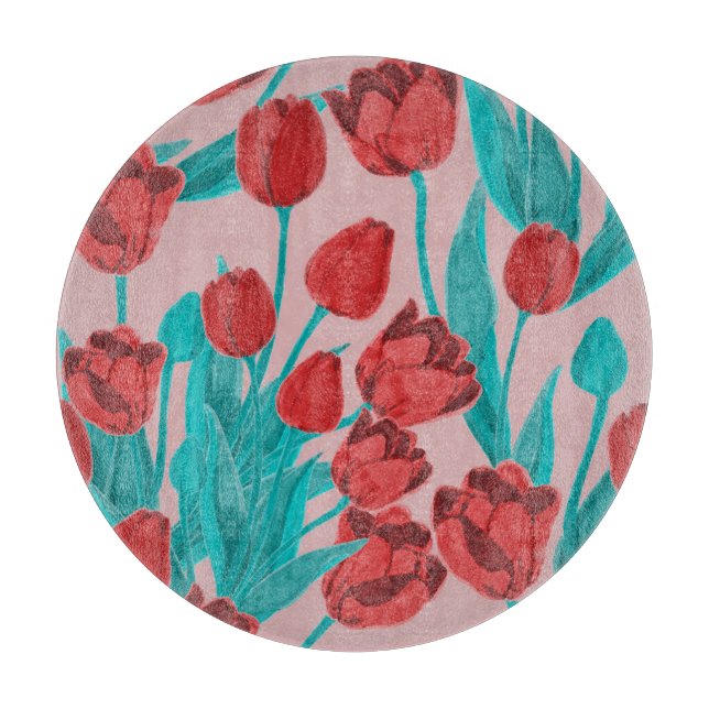Frühlingstulips, handgezeichnet Blumenmuster Schneidebrett (Vorderseite)