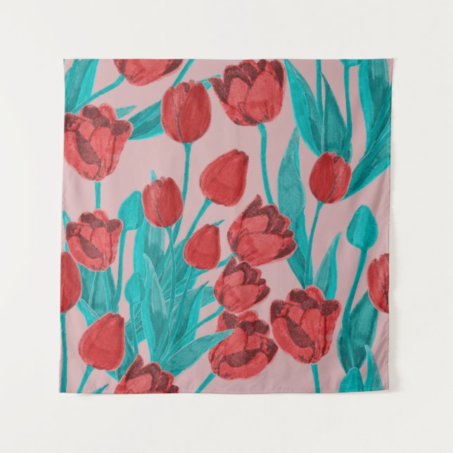 Frühlingstulips, handgezeichnet Blumenmuster Wandteppich (Vorderseite)