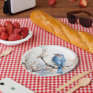 Frühlingsvogel im blühenden Baum Pappteller