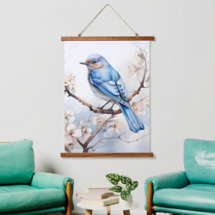 Frühlingsvogel im blühenden Baum Wandteppich Mit Holzrahmen