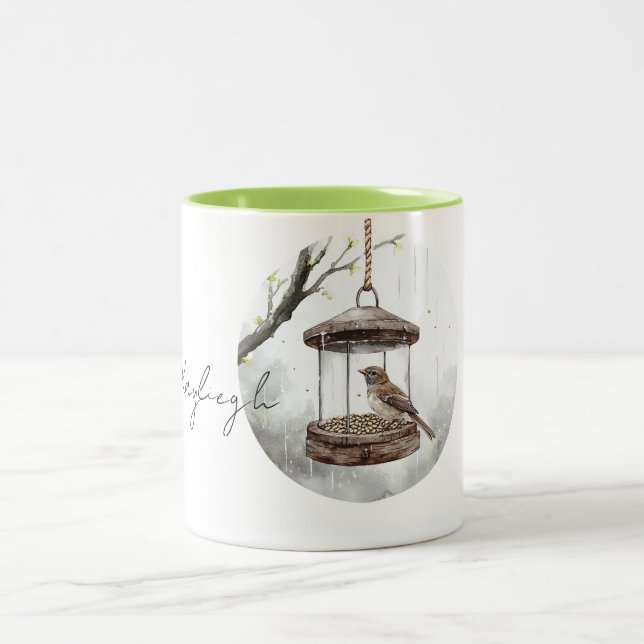 Frühlingsvogel im Vogelfutterhaus   Zweifarbige Tasse (Mittel)