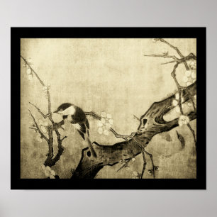 FRÜHLINGSVOGEL UND BLUMENBAUM Braun Sepia Poster