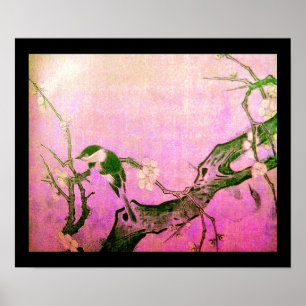 FRÜHLINGSVOGEL UND BLUMENBAUM Rosa Fuchsie Poster