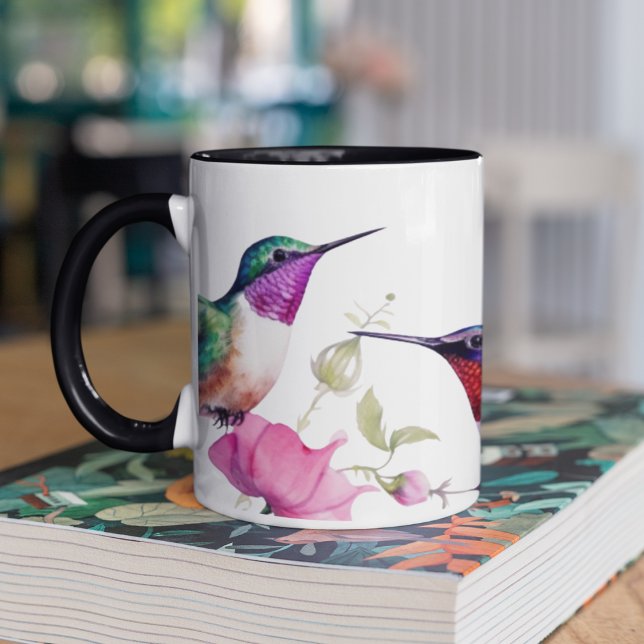 Frühlingsvögel und farbenfrohe Blume Tasse (Colorful hummingbirds with flowers on two toned mug for hummingbird lovers. )