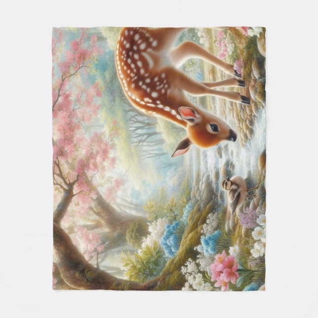 Frühlingswälder mit Ente und Fawn/Reh Fleecedecke (Vorderseite)