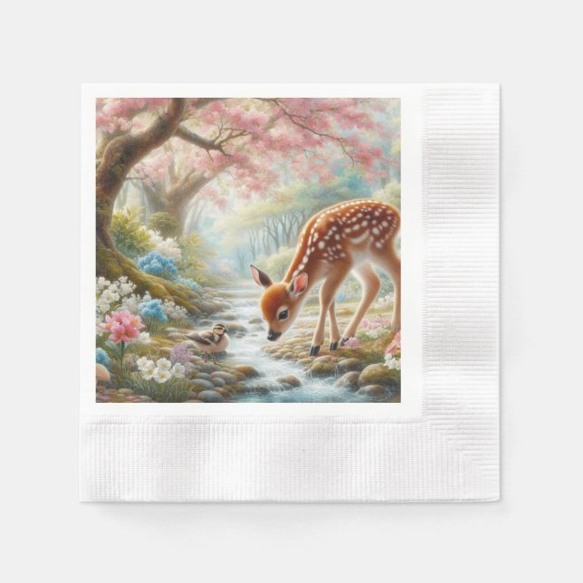 Frühlingswälder mit Ente und Fawn/Reh Serviette (Vorderseite)