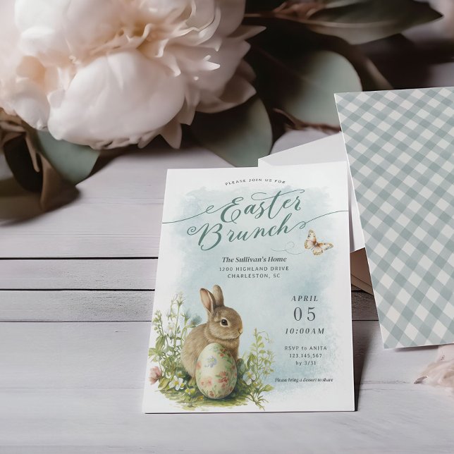 Frühlingswasser Bunny Osterfeier Einladung (Easter brunch invitation mockup with watercolor vintage bunny illustration. )