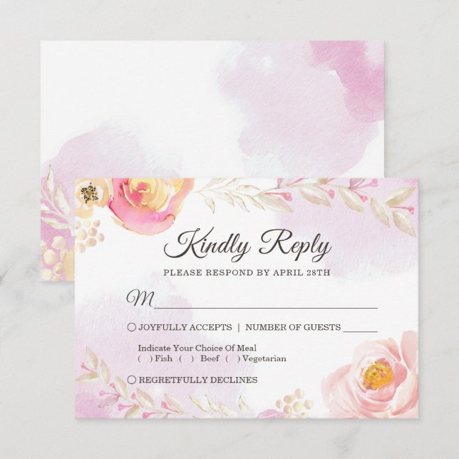 Frühlingswasser Girly Pink & Gold Hochzeit RSVP Karte (Vorne/Hinten)