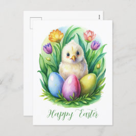 Frühlingswasserfarbe mit niedlichem Huhn und gefär Feiertagspostkarte